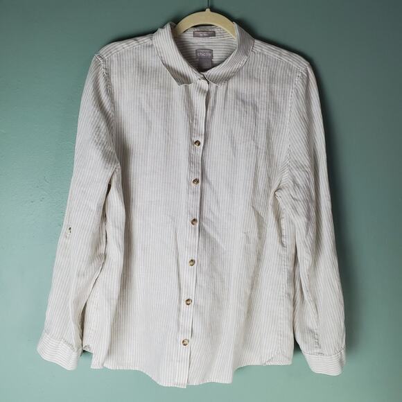 Chicos Womens No Iron Linen Striped Print Rolltab Sleeve Button Shirt Size 2.5 L - Picture 1 of 6